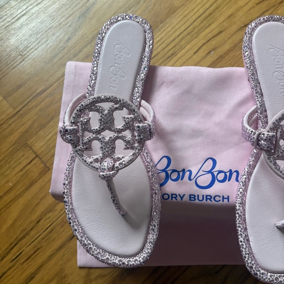 Tory Burch x BonBon Women's Miller Knotted Crystal Suede/Crystal Sandals Pink 10 - Picture 8 of 14